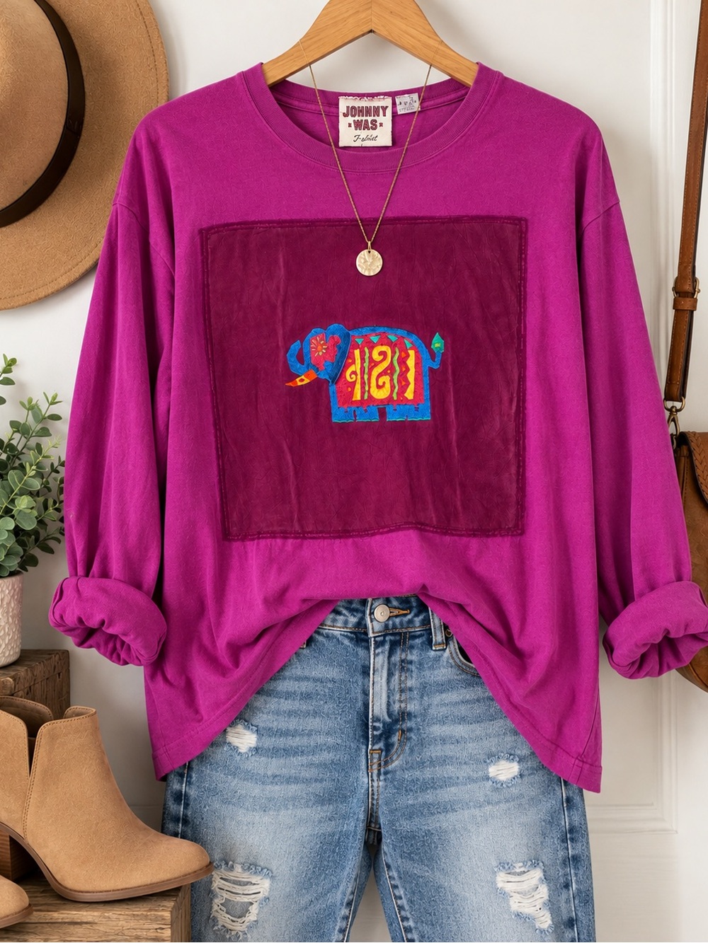 Johnny Was Magenta Long-Sleeve Crewneck with Embroidered Elephant Patch